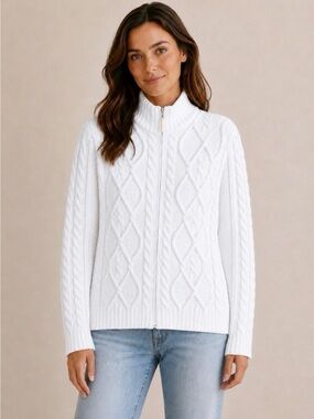 100% Cotton White Cable Knit Zip Cardigan Sweater Made in Canada Large